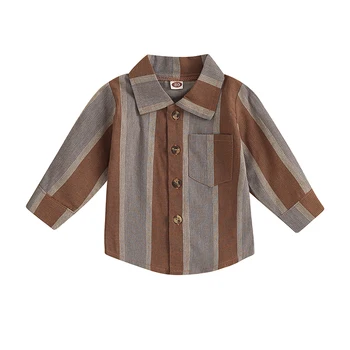 Малко дете момче бутон надолу риза случайни раирани печат дълъг ръкав върховете с джоб деца есен дрехи