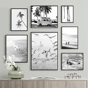 модерно изкуство платно живопис сърфиране Калифорния черно бял океан плаж кокосово дърво плакат хол декорация на дома картина