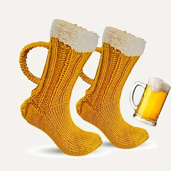 Мъжки 3D печат трикотажни карикатура бира райета новост топла чаша чорапи с дръжка за зимен коледен подарък