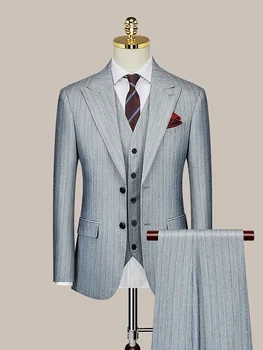 Мъжки костюми комплект Blazer Vest Pant Slim Fit Grey Stripe Korea Style Casual Businessman Clothing 2022 Есенно сватбено облекло за младоженеца 4XL