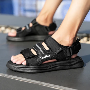 Мъжки летни плажни обувки с две облекла на открито черни дебели еднолични неплъзгащи се сандали корейски стил отворени пръсти дишащи удобни сандали