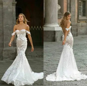 Най-новите русалка сватбени рокли дантела от рамото 3D флорални апликации тромпет булчински рокли Boho сватбена рокля халати De Mariée