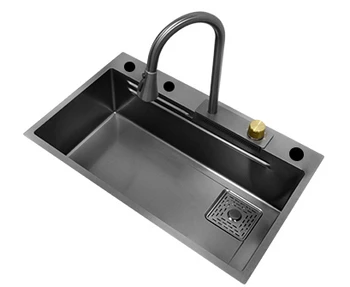 Нано-черна 304 мивка от неръждаема стомана голяма кухня с един слот домакински басейн за миене на съдове под сцената.