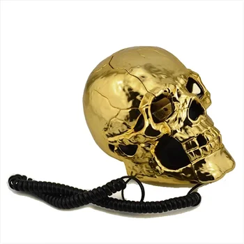Нов уникален череп главата скелет форма мигащи очи кабелна наземна линия домашен офис бюро телефонна маса декорация златен цвят