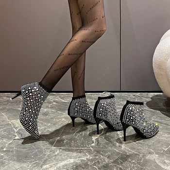 Нови дамски сандали Full Rhinestone Mesh Летни ботуши Жени Zapatos Transparentes De Mujer размер 43 готически високи токчета каубойски ботуши