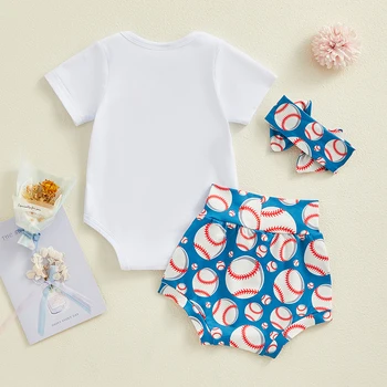Новородено бебе момиче бейзбол облекло писмо печат гащеризон бейзболни шорти комплект лента за глава 3бр бебе летни дрехи