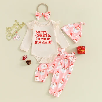 новородено бебе момиче Коледа облекло дълъг ръкав къдрици гащеризон бисквитка мляко разкроени панталони лента за глава комплект