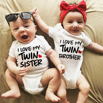 Обичам близначката си и брат си Малко дете бебе къс ръкав гащеризон новородено бебе елементи дрехи гащеризон костюм Infit близнаци подарък