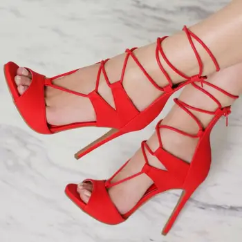 Обувки дамски сандали на висок ток високи тънки токчета кръстосано вързани отворени пръсти жени Летни модни парти банкетни обувки червени обувки за жени