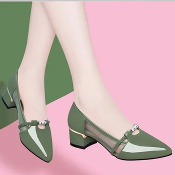 Обувки за жени 2023 Блок петата Дамски летни обувки Прозрачни Ясно Нормална кожа Ежедневни буци токчета Зелен заострен пръст А