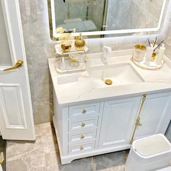 Персонализирана френска ретро баня кабинет комбинация американски мивка етаж стоящи мивка каменна плоча светлина луксозен мивка