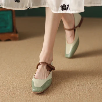 Плоски обувки Жена Френски стил Жени Flats Slip On Дамски обувки от овча кожа Пролет Есен Нисък ток Елегантен Прости обувки Square Toe