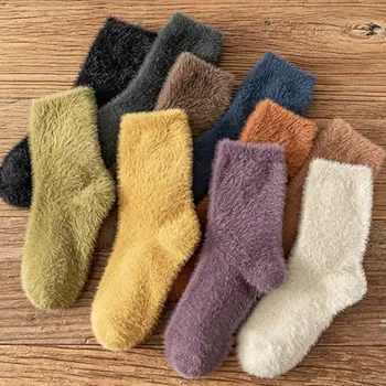 Плътен цвят меки пухкави чорапи дами жени сгъстяват топло дома етаж чехъл норка кожа руно чорап зимни трикотаж
