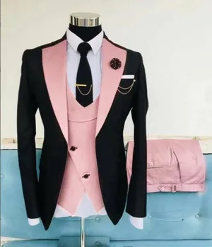 Поръчкови мъжки костюми Черно и розово младоженец смокинги Notch ревера Groomsmen 3 части комплект (яке + панталони + жилетка + вратовръзка)