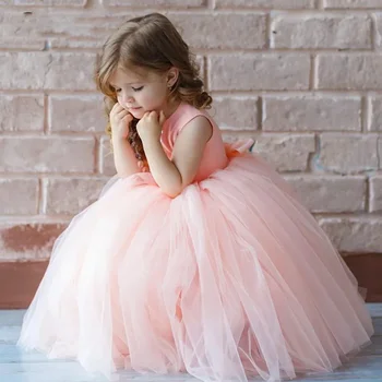 Прекрасен тюл без гръб без ръкави цвете момиче рокля за сватба розово с лък деца принцеса рожден ден парти първо причастие рокли