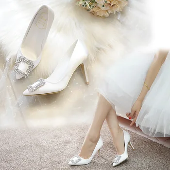 Пролет нов заострен бял кристал стилет висок ток булчински сватбени обувки голям размер малък размер рокля банкет дамски обувки