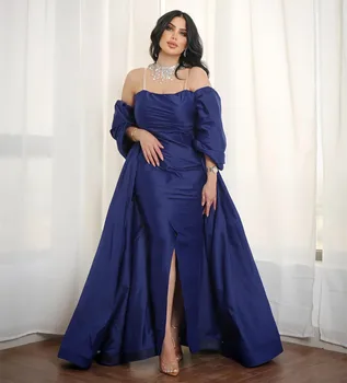 Реколта дълго синьо тафта вечерни рокли с ръкави обвивка нагънат цепка етаж дължина абитуриентски рокли с ясни презрамки за жени