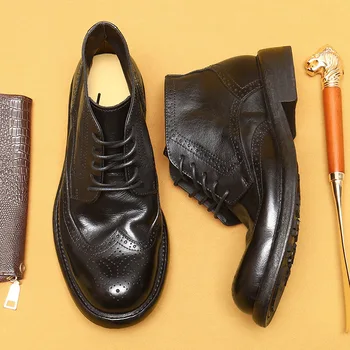 Реколта мъжки естествена кожа глезена Brogues обувки луксозна марка ръчно изработени удобен дизайнер нови меки кожени мъж бизнес ботуши