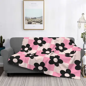 Розови и черни цветни шашки Одеяло Покривка за легло Меки покривки за легла за двойно легло Естетическо бебешко одеяло