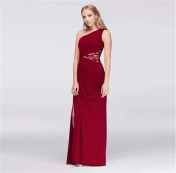 Романтична червена шифон русалка едно рамо страна цепка рокля с дантела обичай сватба вечер официални рокли рокли за жени