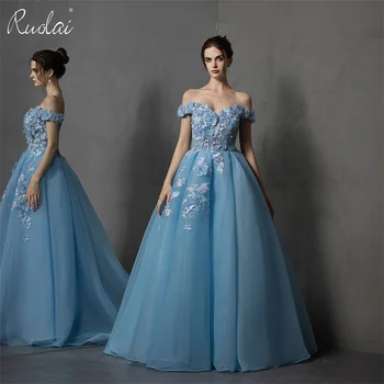 Сини вечерни рокли от рамото цвете формован официална вечерна рокля дълга абитуриентска рокля парти vestido de fiesta LWC6751