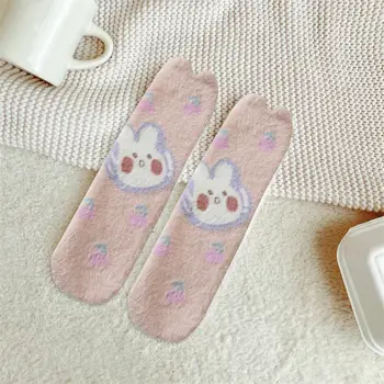 Топли чорапи Уютни сладки дамски зимни чорапи дебели карикатура заек печат еластични средата тръба против хлъзгане топло глезена защита зайче