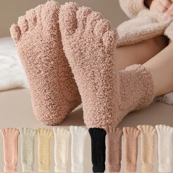 Удебелени коралови кадифе пет пръста чорапи зимата топло етаж Sox жените закрит дом мода плътен цвят средна тръба отглеждане