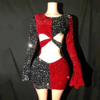 Червена черна рокля с пайети Секси силует вечерни рокли Жените празнуват фестивалното облекло Гого костюм сцена изпълнение облекло XS7334