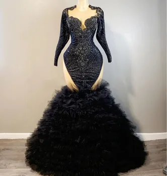 черен дълъг ръкав тромпет абитуриентски официални рокли луксозни кристални мъниста къдри долна вечерна рокля vestidos de gala