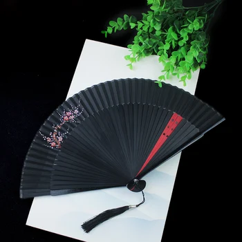 Черен сгъваем вентилатор Сватбени фенове Ханфу танцови дрехи декорация ръка фен лесен за носене бамбук фен Дамски домакински ръчен вентилатор