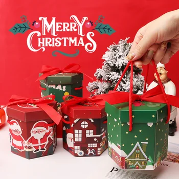 Шестоъгълник Бъдни вечер Коледа червени подаръчни кутии Декоративни кутии за бонбони с капаци Празнично парти Благоприятствайте консумативите за подарък
