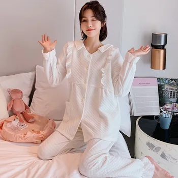 Японска пижама Бяла двуслойна памучна спално облекло Костюм Дами Домашно обслужване Бельо Мода Ново пристигане Пижама