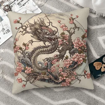 Японски дракон с черешов цвят дракон модел полиестер възглавница покритие за дома стол декоративни мек кусинкейс